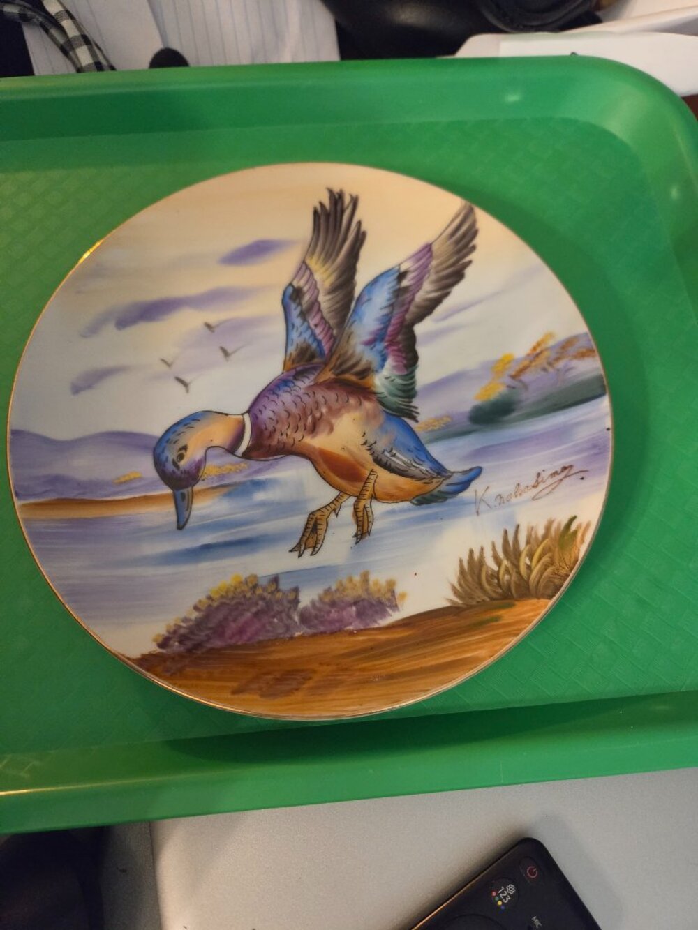 vintage hand painted duck in flight signed wall hanger plate
